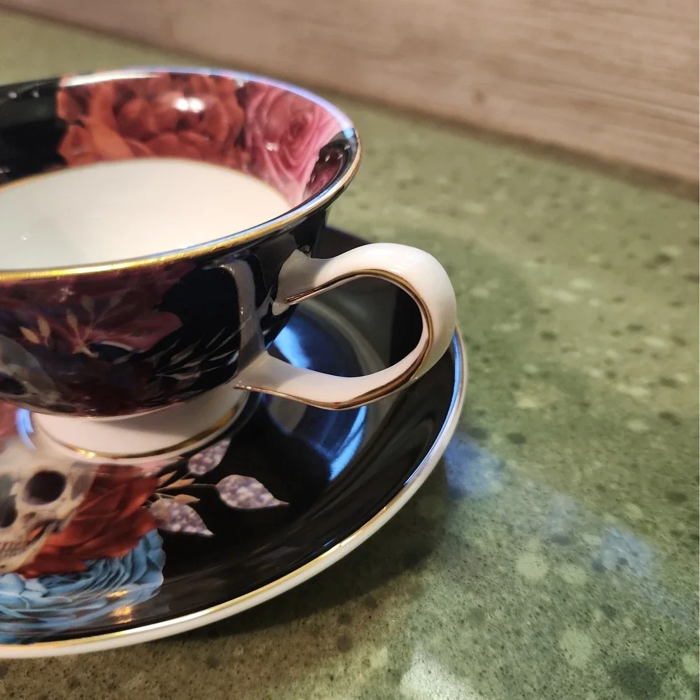 Grace Teaware Porcelain Tea Cup & Saucer Floral Skull Gothic Spooky Halloween